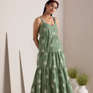 เดรสแม็กซี่ยาวลำลองสำหรับผู้หญิง, เดรสคอวีปักลายลูกไม้โบว์วัสดุผ้าฝ้ายซาตินซักได้สำหรับฤดูใบไม้ผลิ - Product Image 1