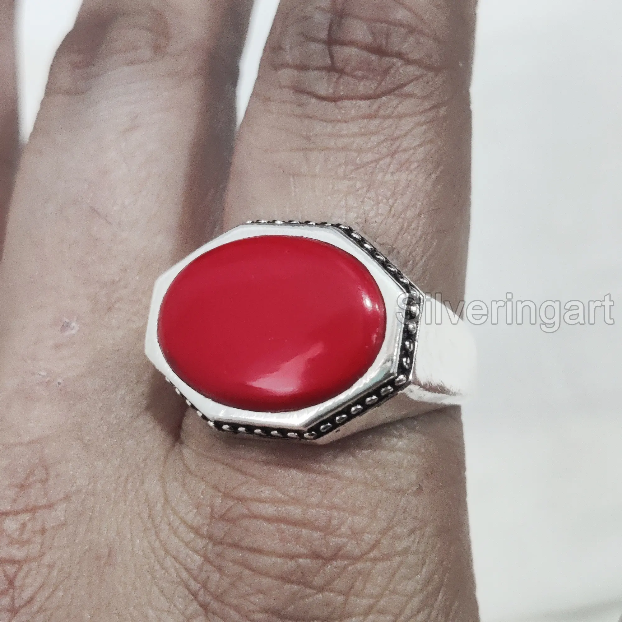 Groothandel Heren Ring Natuurlijk Rood Koraal Edelsteen Geboortesteen Ring Alle Maten Ottomaanse Verjaardag Sieraden 925 Sterling Zilveren Ring