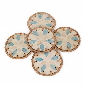 Decorative Bohemian Style Mother Pearl Drink <b>Coaster</b> <b>Woven</b> Rattan Border Vietnam Origin for Coffee Table Protection Interior - Product Image 3