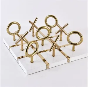 Orteil tic tac en marbre blanc parfait cadeau pour anniversaire jeu d'intérieur Tic Tac toe avec revêtement doré pour enfants et jeux de société en famille - Product Image 2