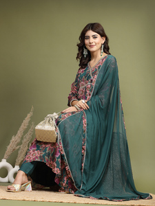 Angrakha con Estampado Floral, Mangas Tres Cuartos, Hecho a Mano, Algodón Puro, Cuello en V, Adorno de Espejos, Kurta de Verano con Pantalones y Dupatta - Product Image 3