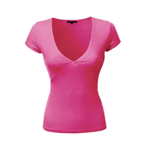 女性のための高品質のカスタムコットン半袖Tシャツ夏のカジュアルラウンドネックリブ女性プレーンディープネックTシャツ