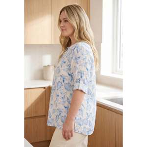 Blusa de Algodón con Estampado Floral, Talla Grande, Azul - Product Image 2