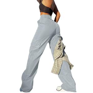 Pantalon cargo décontracté pour femme, printemps-été, taille haute élastique, coupe ample, respirant, séchage rapide, poches, bande latérale, polyester/coton - Product Image 4