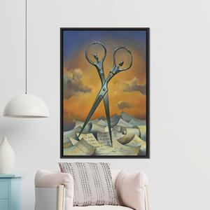 Arte de pared en lienzo de Surreal Scissors: impresión simbolista de ensueño para decoración artística, con marco negro - Product Image 1
