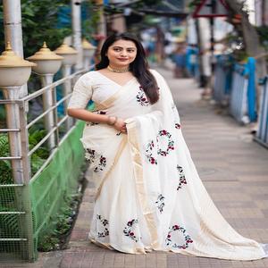 ผ้าซารีอินเดียเนื้อจอร์เจตต์นุ่มพิเศษสำหรับผู้หญิง พร้อมขอบผ้าปัลลูทอลายดิ้นซารี  ปักดิ้นหลากสี  ประดับพู่ห้อย  มีสินค้าพร้อมส่ง - Product Image 1