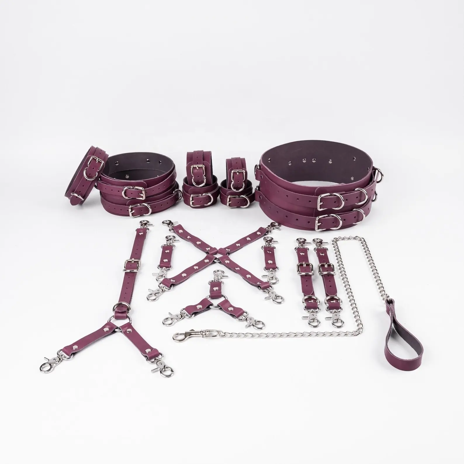 طقم أدوات تقييد مكون من 16 قطعة من BDSM بألوان وأجهزة اختيارية مختلفة وحزام للخصر وأساور للفخذ جلد بقري حقيقي BDSM-0001