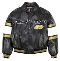 Chaqueta de Motociclista Avirex Negra y Dorada para Hombre, Nueva Colección 2025, de Cuero Vacuno Genuino, con Cierre, Alta Calidad, Tallas Grandes, Primavera-Verano, Elegante