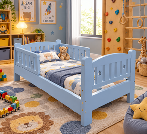 Cama Infantil de Madera Maciza, Pintada de Azul, con Panel, para Dormitorio, Escuela o Guardería - Product Image 1