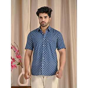 Camisa de Manga Corta para Hombre, Azul, Popelina de Algodón, Estampada, Corte Entallado, Estilo Casual y de Esmoquin, Suministro ODM - Product Image 1