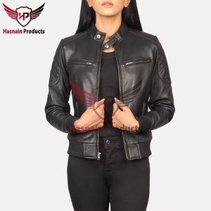 Veste en cuir véritable noir pour femme, col à boutons, en peau de mouton matelassée, poches zippées sur les épaules, style bomber, vêtement d'extérieur chaud personnalisé pour l'hiver - Product Image 5