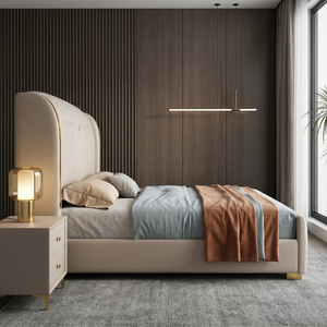 Cadre de lit king-size minimaliste italien de luxe, revêtement en cuir Nappa mat, lit à profil bas, mobilier de chambre principale - Product Image 4