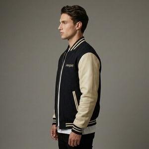 Veste en laine noire pour homme avec manches crème, col et poignets en tricot côtelé, fermeture éclair intégrale, streetwear décontracté haut de gamme, vêtement d'extérieur personnalisé bicolore - Product Image 2