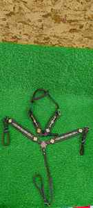 Western horse breast collar <b>leather</b> tack chest <b>harness</b> geometric bead concho stud adjustable strap riding halter gear set - Product Image 3