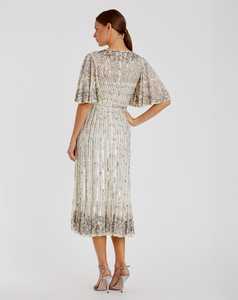 Elegante Vestido de Noche Largo hasta la Rodilla, Estilo Aline, de Chifón Sólido, con Mangas de Lentejuelas y Cuentas, Estilo Vestido de Gala para Fiesta - Product Image 3