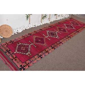 Vintage Rug, <b>Runner</b> 3.2x11.5 ft Turkish Rug, <b>Red</b> Plants & trees Wool Rug - Product Image 4
