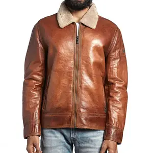 厂家批发定制标志男士拉链飞行皮革飞行员夹克，带羊毛领时尚2024