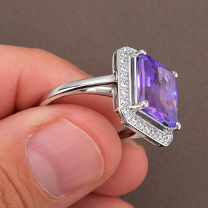 <b>Emerald</b> Cut Amethyst Cocktail <b>Ring</b> 925 Sterling <b>Silver</b> Rhodium Plated Pave Setting Women's Luxury Geometric Trendy Engagement - Product Image 2