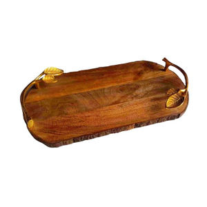 Plateau en bois de manguier de qualité supérieure avec poignées dorées Plateau rectangulaire de service et de rangement pour la cuisine et la table à manger - Product Image 2