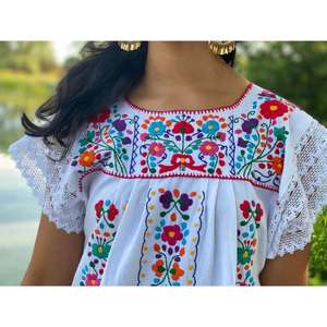 Vestido Casual de Verano para Mujer, Rojo, Bordado, de Algodón, Estilo Shift, Manga Corta, Bordado Floral Étnico - Product Image 4