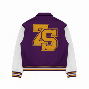 Veste universitaire de qualité supérieure Tissu mélangé de laine Manches blanches Corps violet Logo en chenille Broderie personnalisée Veste universitaire pour homme - Product Image 2
