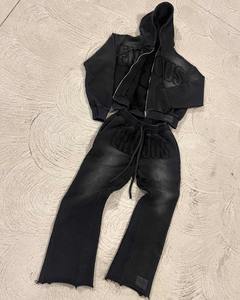 Sudadera con capucha y pantalones de chándal unisex con cremallera, conjunto de dos piezas con apliques de lavado ácido, chándal bordado para correr, chándal acampanado para hombre y mujer - Product Image 2