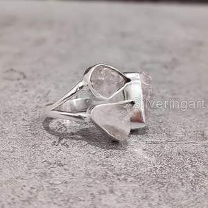 Bague pour femme en quartz rose naturel, pierre de naissance d'avril, triple pierre, réglable, bijoux faits à la main, bague en argent sterling 925 - Product Image 2