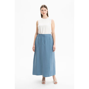 Jupe droite en lin indigo avec taille élastique respirante - Product Image 1