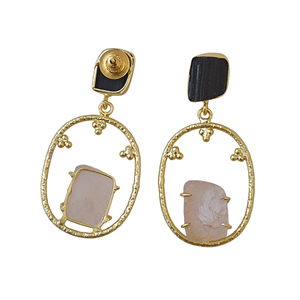 ต่างหูห้อยทรงคลาสสิกวินเทจสำหรับผู้หญิง ทำด้วยมือ ชุบทอง 14K ประดับด้วยทัวร์มาลีนและโรสควอตซ์ - Product Image 4