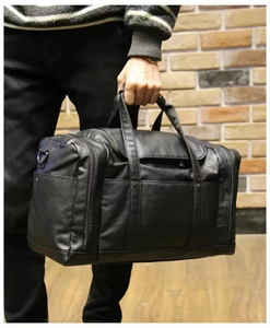 Bolsa de Viaje de Fin de Semana de Cuero con Cierre de Cremallera, Bolsa de Mano Resistente Negra para Hombre - Product Image 6