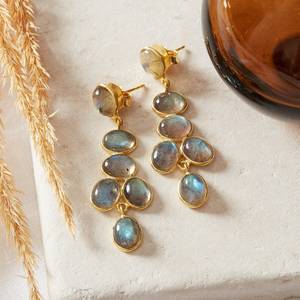 Artesian Crafted Royal 18K Gold Plated Pure 925 <b>Sterling</b> <b>Silver</b> Multiple Natural Oval Shape Labradorite Gemstone <b>Dangle</b> <b>Earrings</b> - Product Image 5