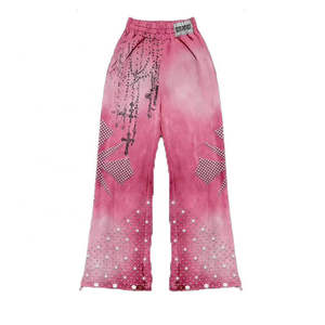 Custom <b>Pink</b> Acid Wash Rhinestone <b>Tracksuit</b> Y2K Streetwear Flared Sweatpants and Zip Up Hoodie Set Distressed Vintage Outfits - Product Image 6