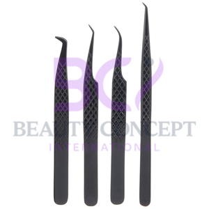 Set of 4 Pcs Black With Texture Design Diamond Grip Eyelash Extension Tweezers Best Quality Eyelash Extension Grafted Tweezers - Product Image 6