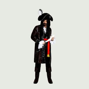 Men <b>Retro</b> Sea Captain Costume Set, Faux Leather Long Jacket with Matching Hat and Wig for Stage Performance - Product Image 4