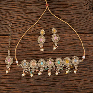 Artificial Export Gold Plated Antique Handmade <b>Choker</b> Style Monalisa Stone <b>Necklace</b> Set in India - Product Image 6