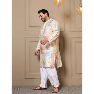 Kurta de Algodón para Hombre, Talla Grande, Marca Amanush, con Estampado Floral y Parches, Cuello Mandarín, Estilo Casual de Verano, Corte Holgado, Manga Tres Cuartos - Product Image 3