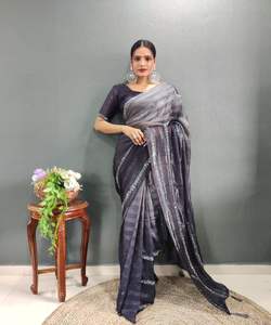 Listo para usar Trabajo de bordado tradicional Banarasi Khadi Sari Seda Fiesta India Ropa DE BODA Damas Precio al por mayor Tela neta - Product Image 6