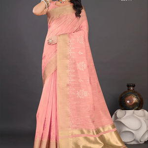 Khadi Saree de lino bordado de primera calidad en suave transpirable y elegante Ideal para celebraciones de verano Fiestas y reuniones étnicas - Product Image 1