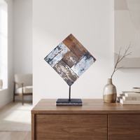 Sculpture Art Déco Carrée en Bois Faite à la Main DIVADI sur Support Métallique Noir, Décoration de Table pour la Maison, 40 cm, Haute Qualité