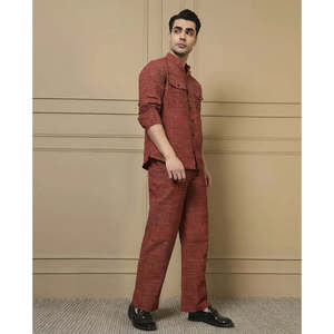 Amanush <b>Men's</b> Cotton Tan Textured Kurta With Pant Co-ord Set Woven Mandarin Collar Full Sleeve Casual Summer Daily Wear - Product Image 5
