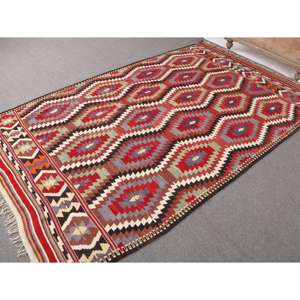 Tapis turc 5,3 x 9,1 pieds, grand tapis vintage, tapis en laine à imprimé animal rouge et bleu - Product Image 2