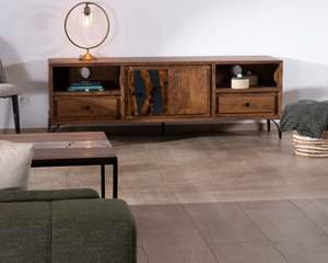 Meuble TV ethnique 175cm en acacia massif avec pieds en métal noir Membatu - Product Image 3