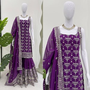 Ensemble Salwar Kameez Sharara Plazzo élégant pour femme, style traditionnel, séchage rapide, coupe classique, toutes saisons, décontracté, pour fêtes - Product Image 3