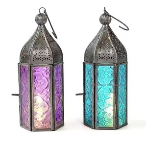 Lanterne en métal marocaine finie en nickel noir avec verre multicolore pour l'éclairage du festival Lanterne suspendue décorative - Product Image 1