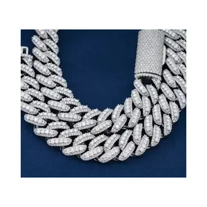 Silver Stamped 18k White Gold Plated Prong Set Miami Cuban Link Chain Complete With 3 Rows of VVS1 D-Colour Moissanite Diamonds