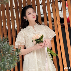 V1284 Cómodo vestido de maternidad hecho de gasa de seda bordada suave y duradera Diseño recto que se mantiene brillante - Product Image 6