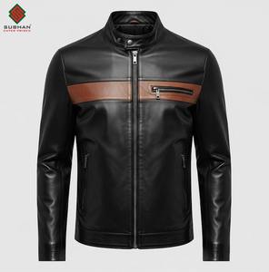 Men's Black PU Leather Casual Winter Biker <b>Jacket</b> Slim Fit Zipper Closure <b>Mandarin</b> Solid Brown Accent Panel OEM Service - Product Image 1