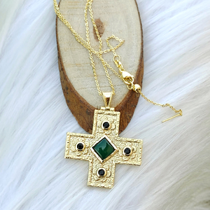 Trendy jewelry green onyx with <b>black</b> cz <b>cross</b> pendant <b>necklace</b> 18k gold plated texture brass metal statement <b>necklace</b> for women - Product Image 1