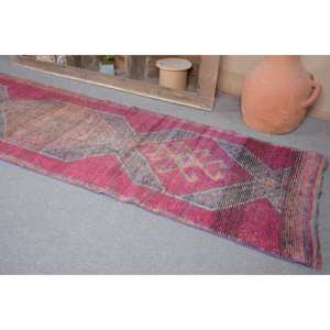 Alfombra Kilim turca Vintage de 2,8x11 pies, rosa, naranja, lana hecha a mano, respaldo de látex, patrón abstracto Rectangular para pasillo de dormitorio - Product Image 2