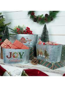 Cubo navideño de metal para decoración festiva del hogar con diseño rústico, perfecto para guardar adornos de piñas, regalos - Product Image 3